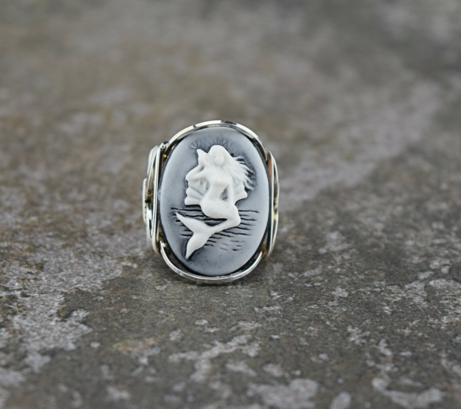 Large Sterling Silver Mermaid Cameo Wire Wrapped Ring