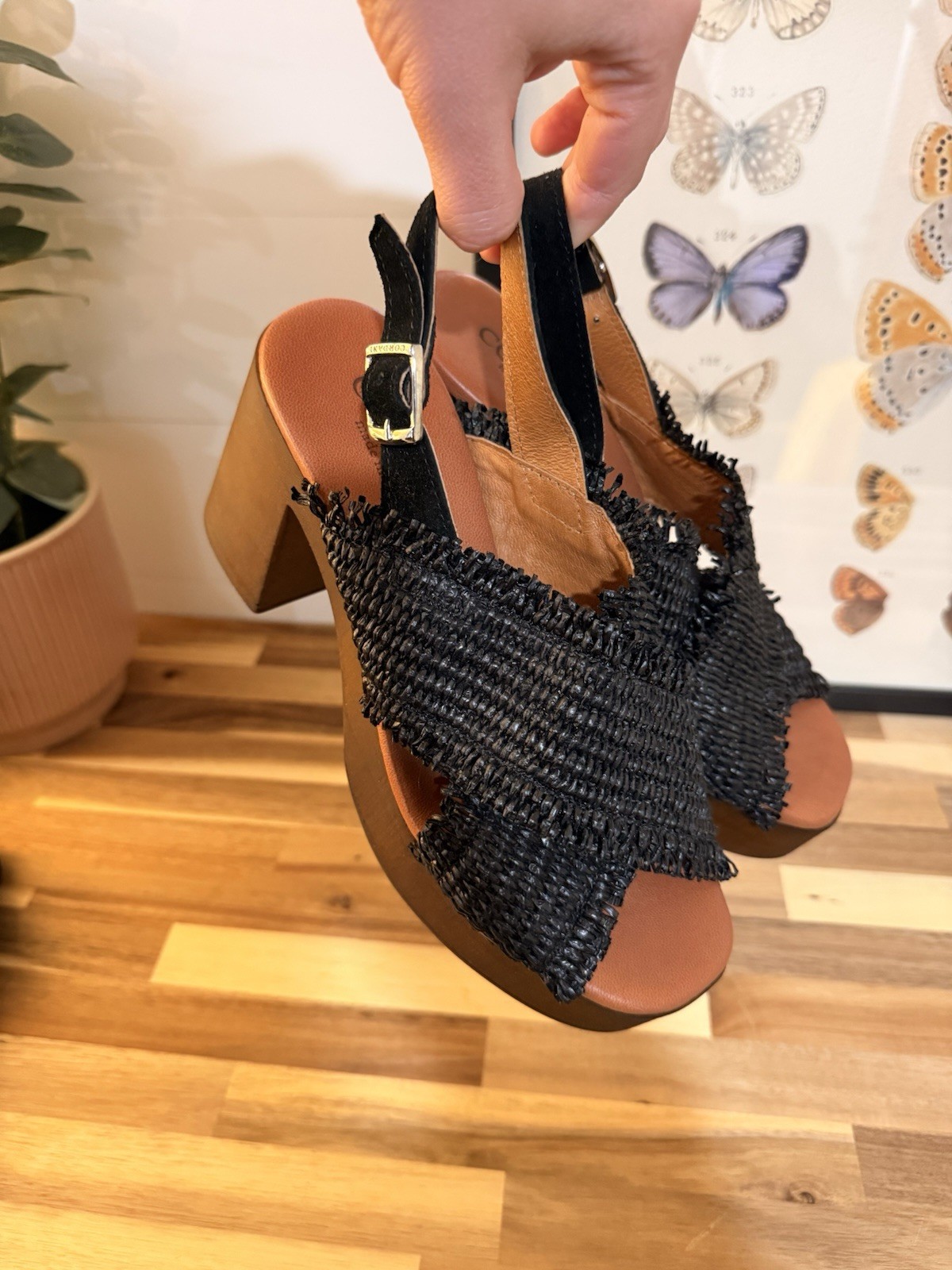 Cordani Black Woven Fringe Strappy Block Heel Sandals Women's Casual