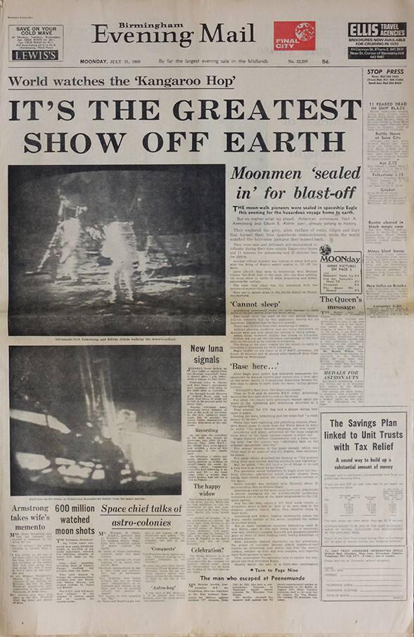 BIRMINGHAM EVENING MAIL NEWSPAPER 21 JULY 1969 . APOLLO 11 MAN ON THE MOON NASA