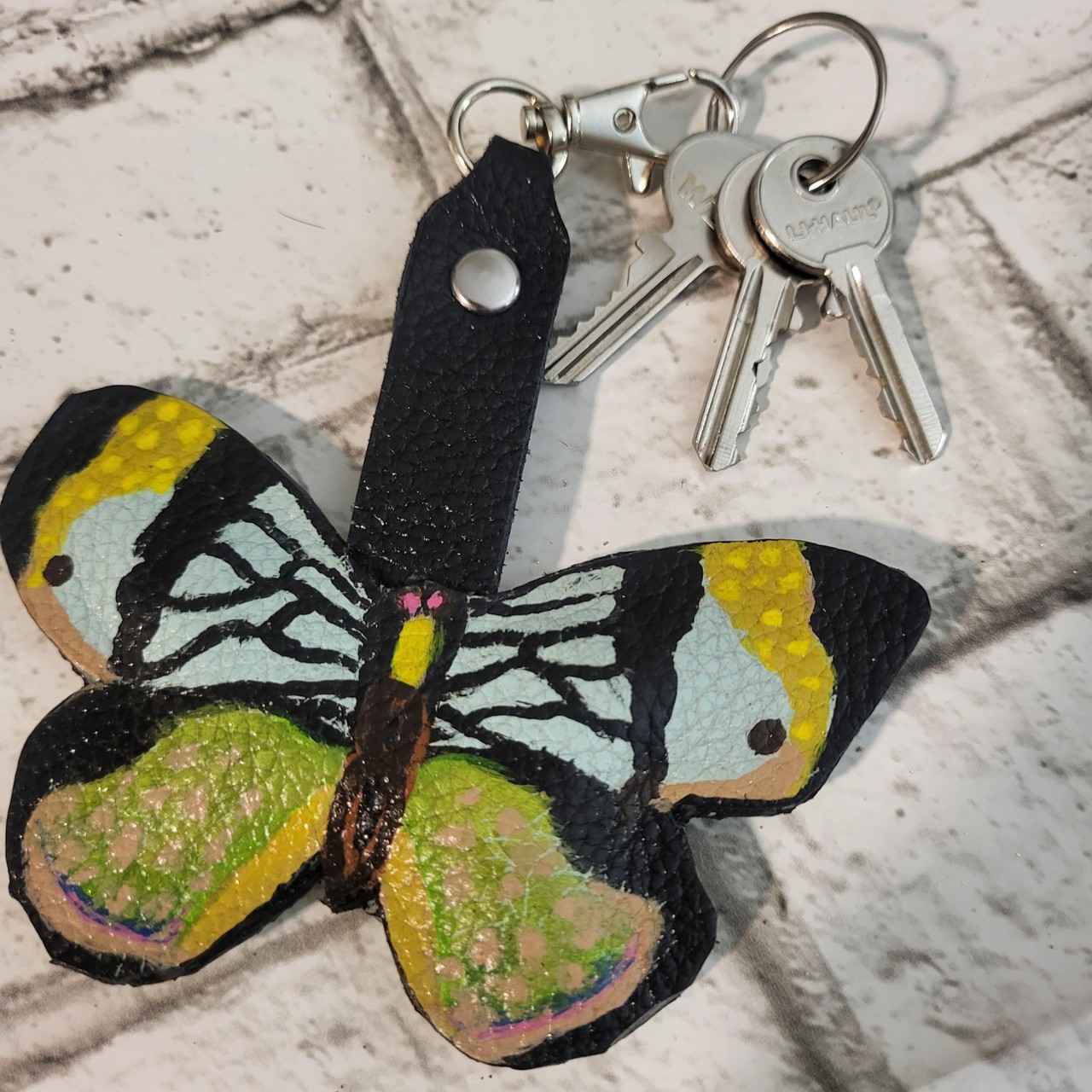 Butterfly leather keychain, blue, hand painted