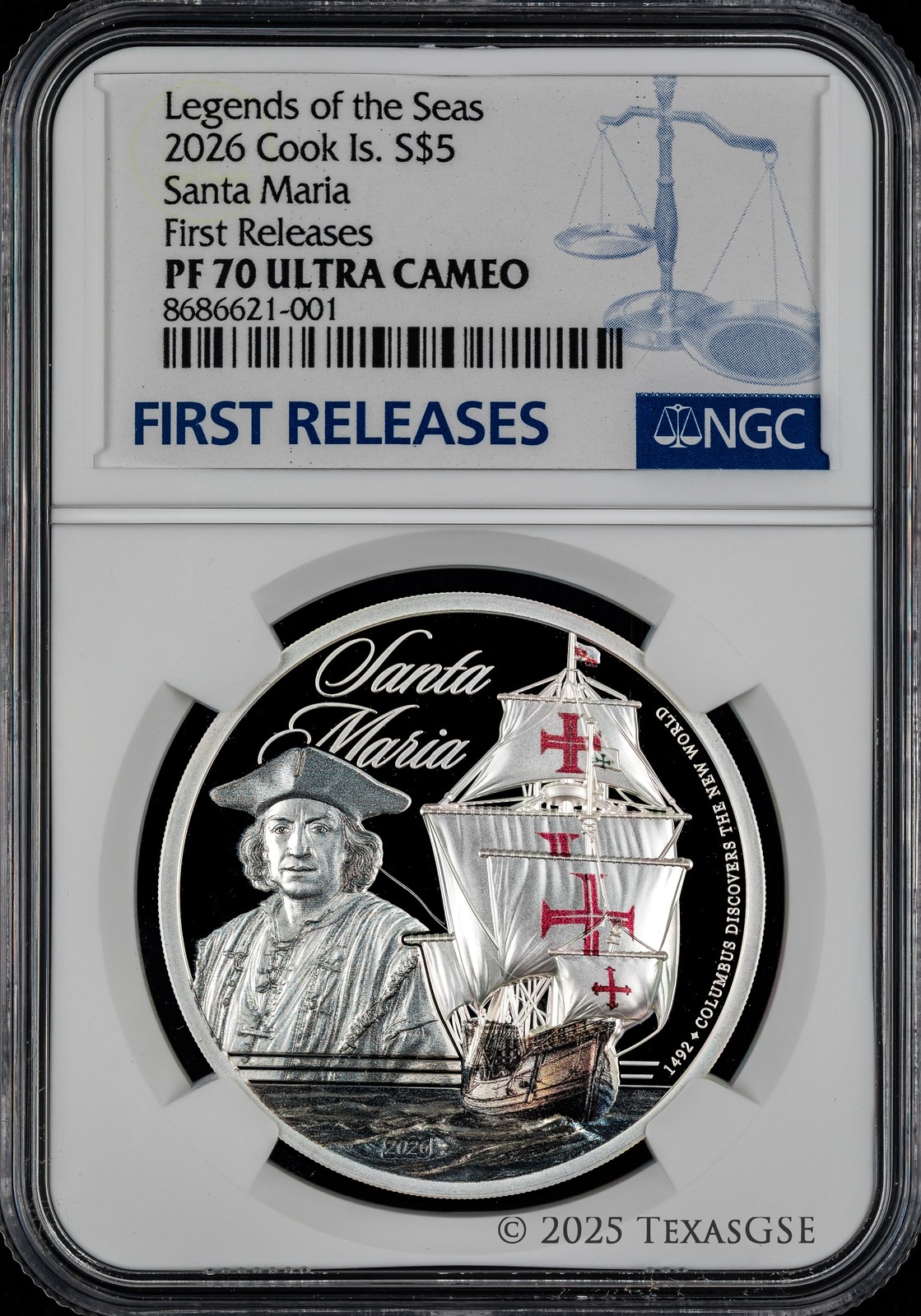2026 Cook Islands 1oz $5 Silver Legends of the Sea - Santa Maria NGC PF70 FR