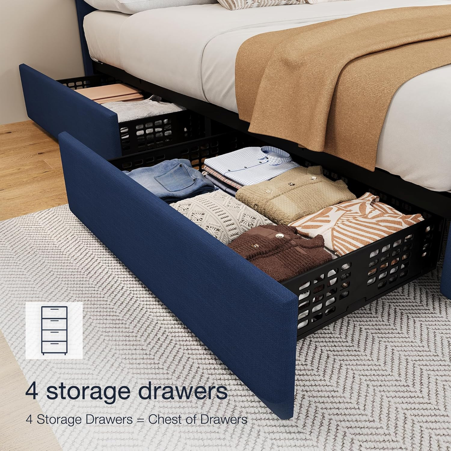 Stylish King Size Bed Frame with Storage Drawers & Adjustable Headboard - Blue