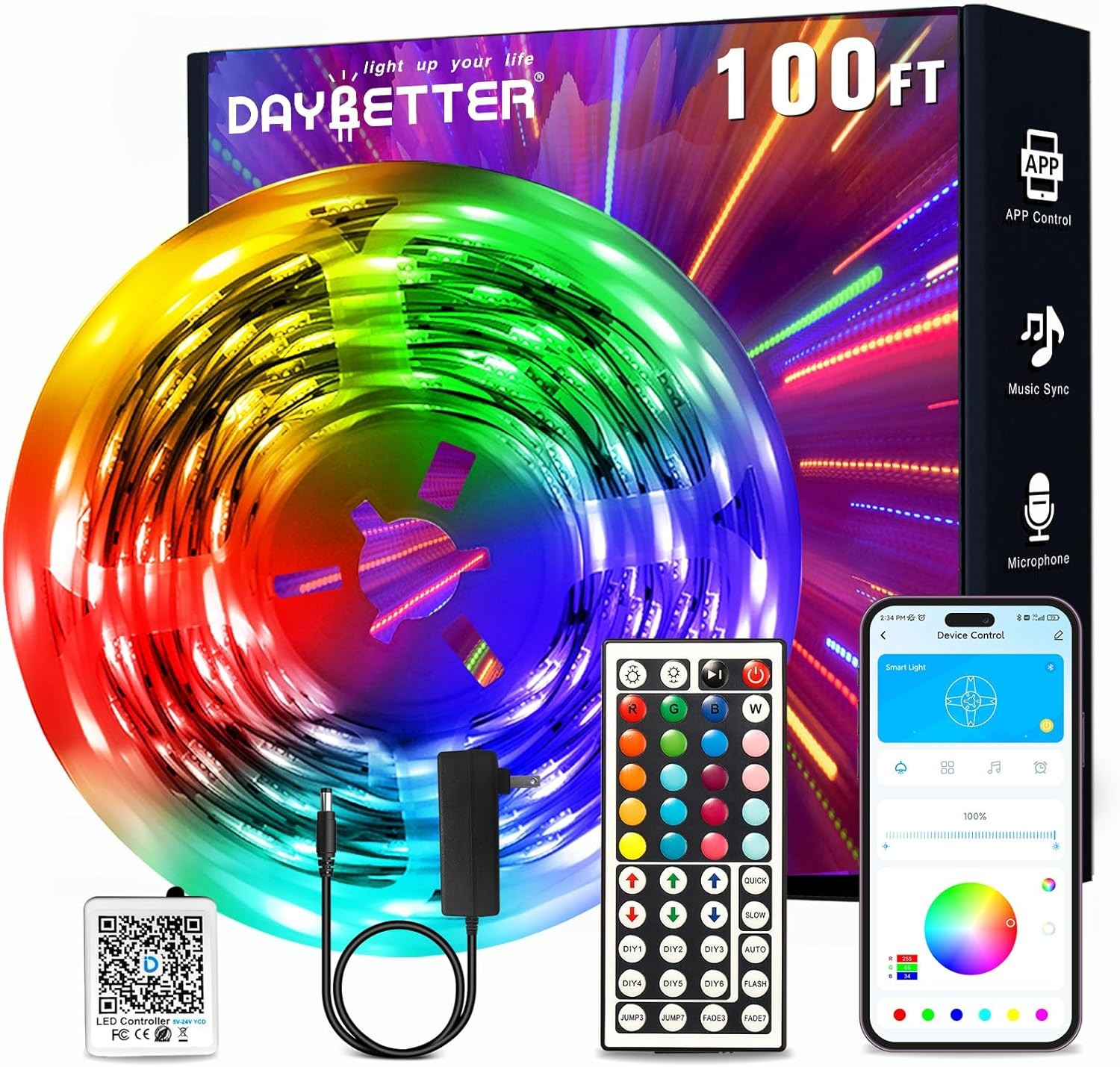 DAYBETTER LED Strip Lights 100ft, Smart Lighting with App 100FT, Multicolor
