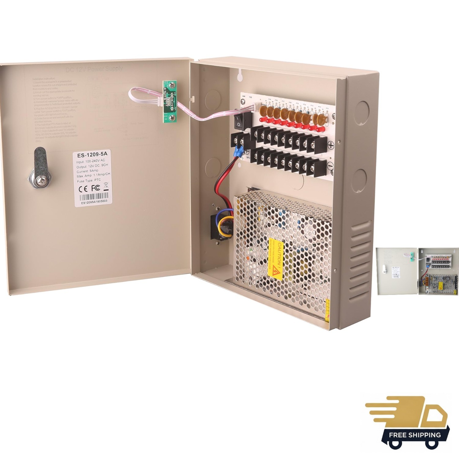 Durable 9 Output DC12V Power Supply for CCTV Cameras - 5 Amp PTC Fuse Included