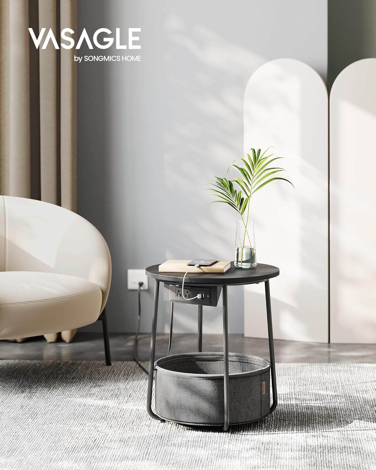 Side Table with Charging Post with Fabric Basket End, USB Port, Ebony