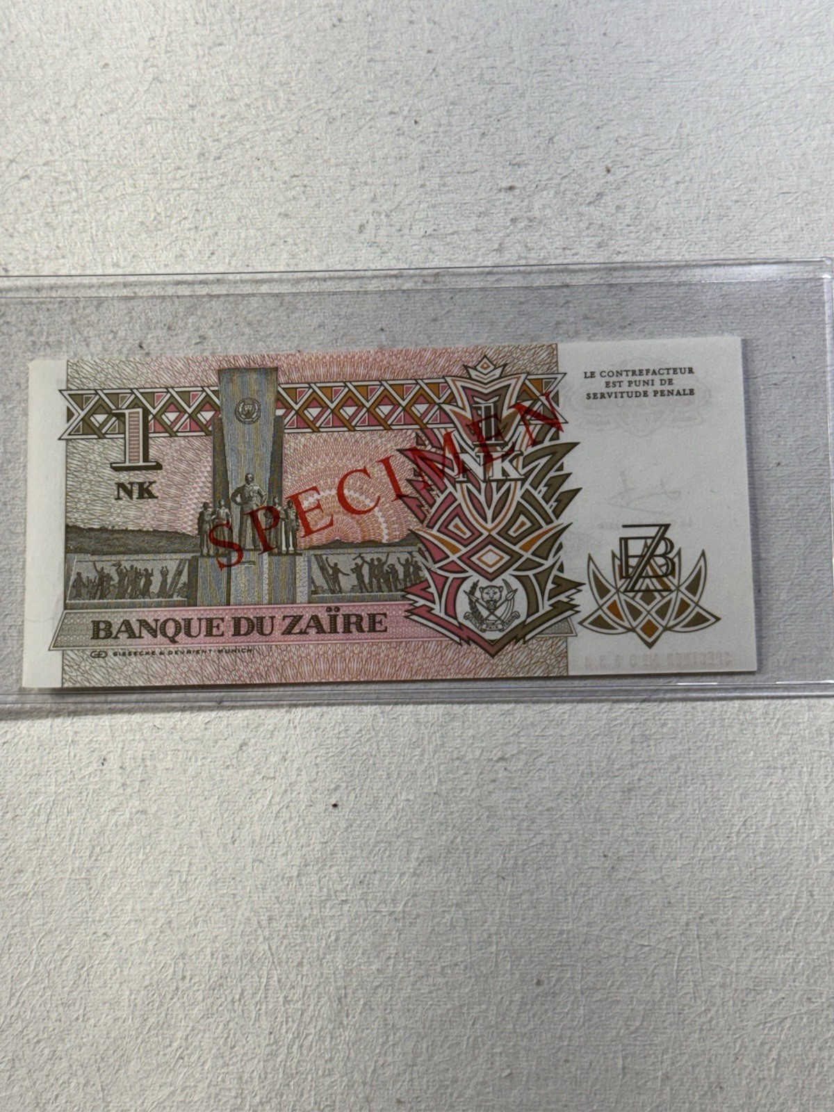 1993 Zaire 1 Likuta Banknote P# 47s Specimen