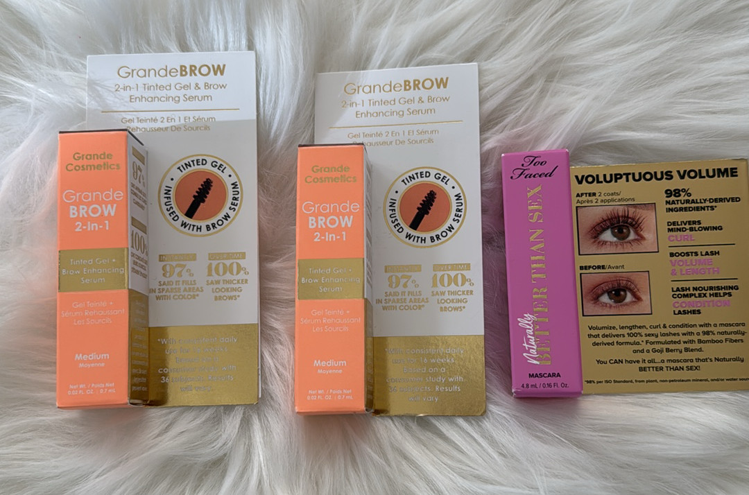 3x Grande Cosmetics Tinted Gel & Brow Enhancing Serum & Too Faced Mascara A77