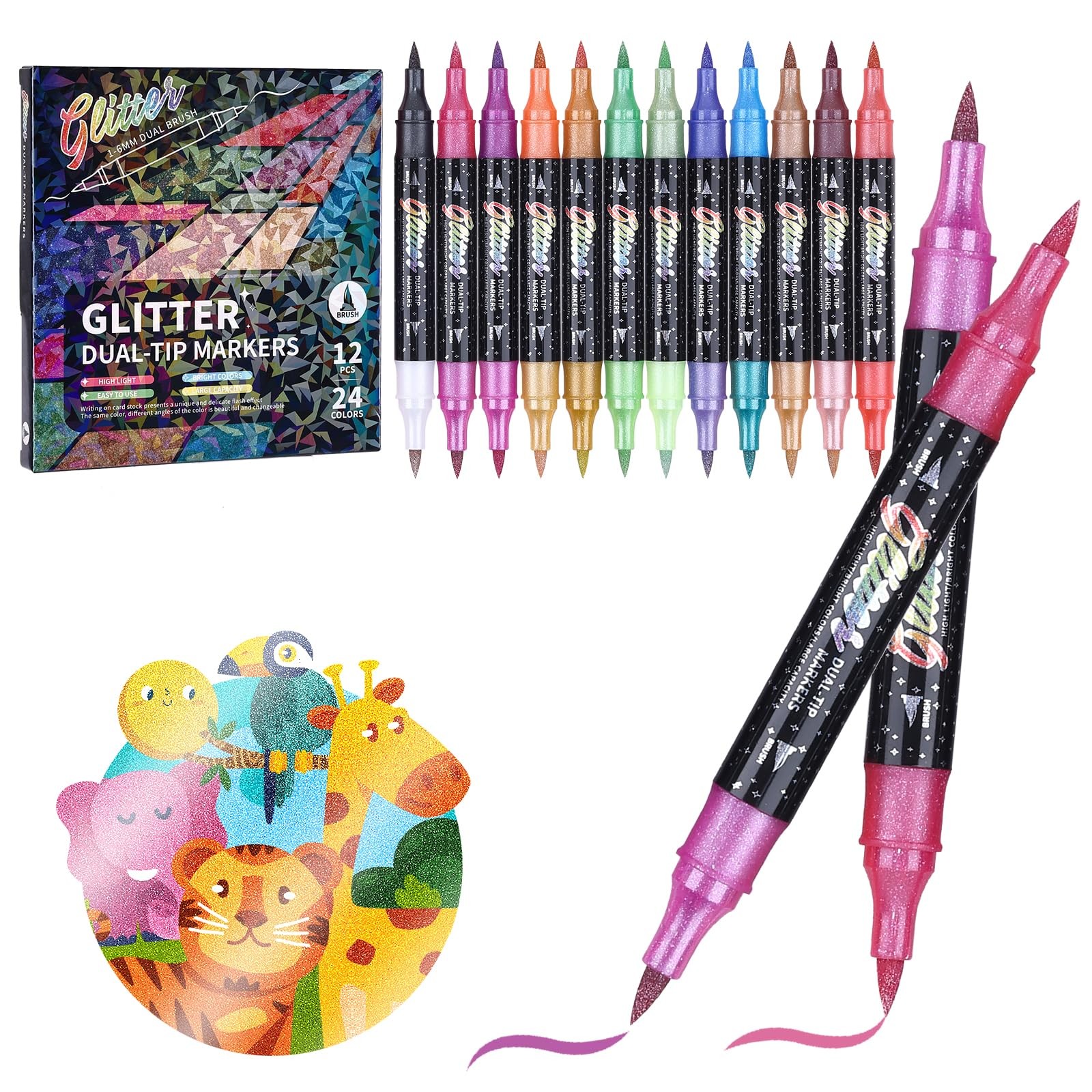 Glitter Effect Brush Markers Pens,24 Colors Dual Tip Glitter Pens Set 12 Pack...