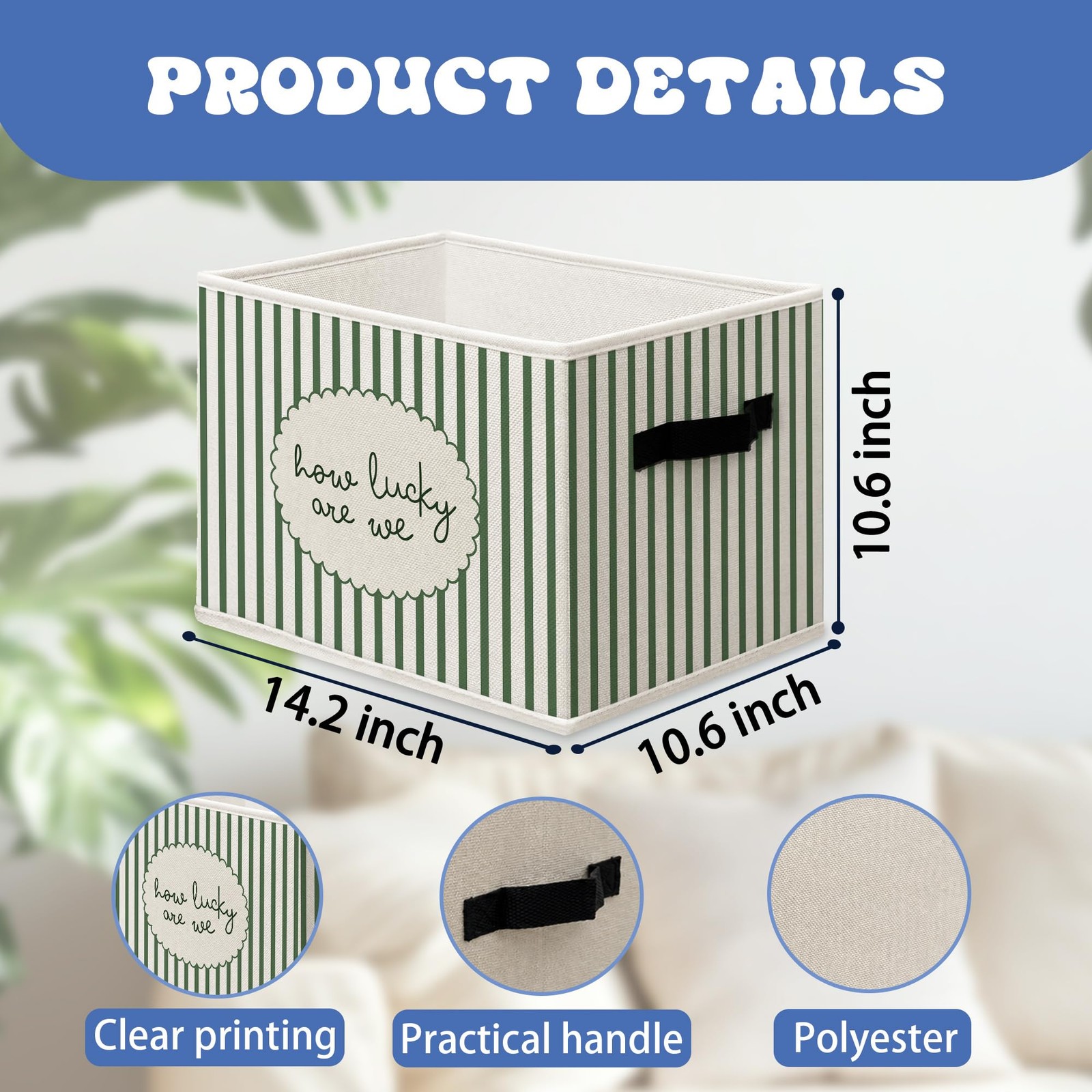 How Lucky Are We Storage Boxes, Green Striped Inspirational Cube Storage Bin ...