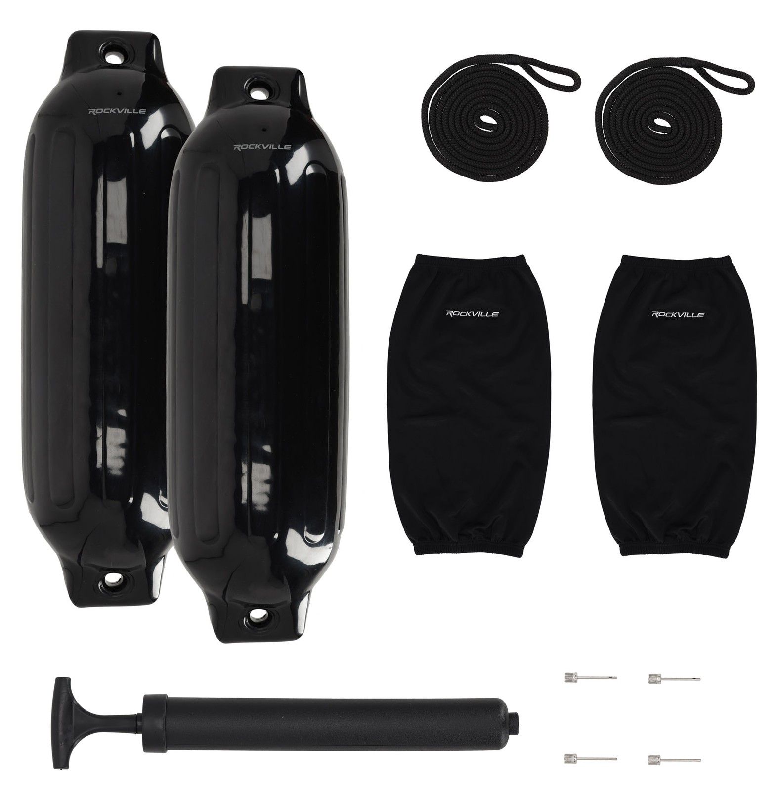 Rockville FEN285-BLACK Boat Fender Package 2 Bumpers 8.5"x27", 2 Covers, 2 Lines