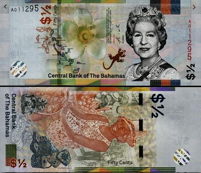 BAHAMAS 0.50 ½ DOLLAR P-76Aa 2000 x 10 Pcs Lot BUNDLE QUEEN UNC Currency NOTE