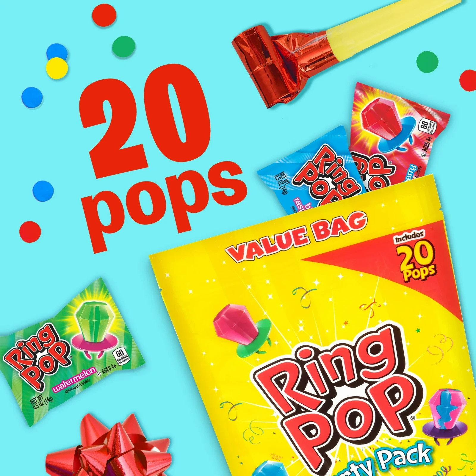 Ring Pop, Kosher, Assorted Flavor,Individually Wrapped Lollipops, 10 oz 20 Count