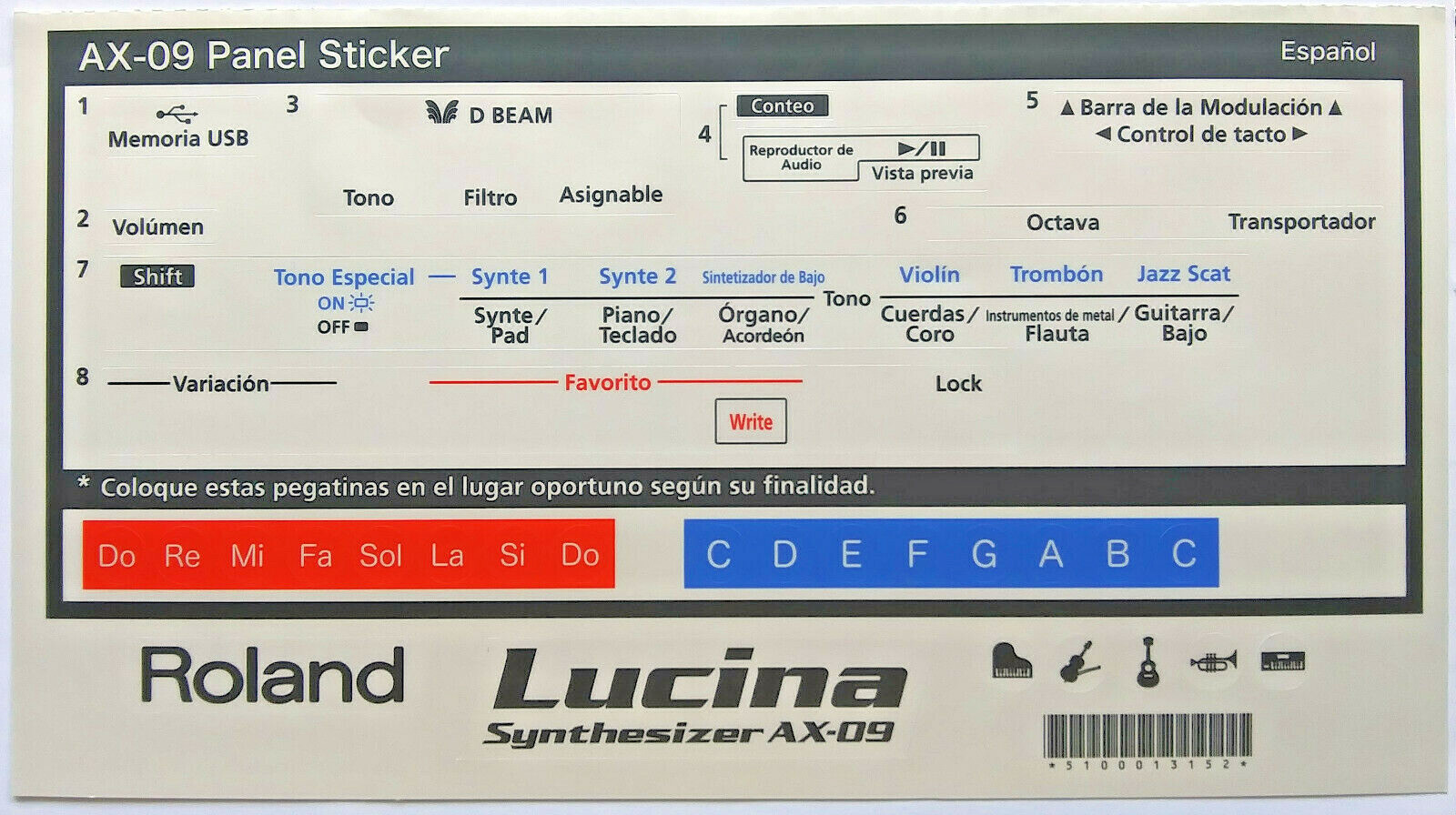 Roland Decals / Stickers / Labels in SPANISH for Roland AX-09 Lucina Synthesizer