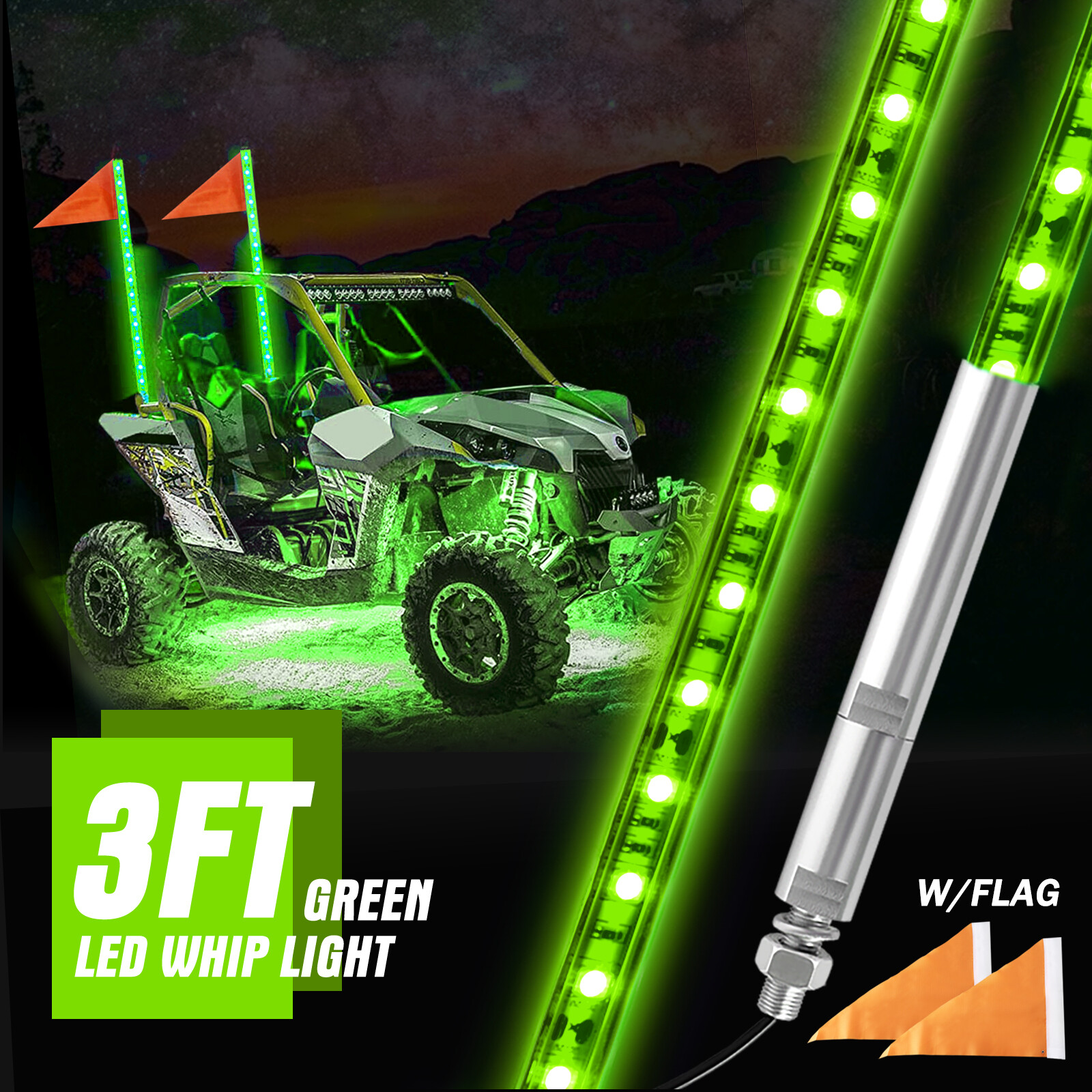 3ft Lighted LED Antenna Whip Light Flag Remote For Polaris ATV RZRWheeler Green
