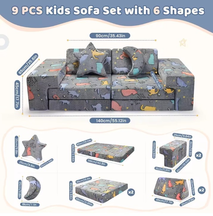 Kids 10 Piece Modular Sofa Bright in the Dark - Convertible Play Set