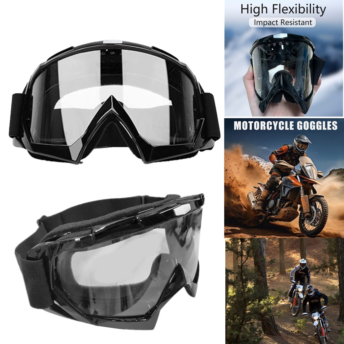 Motorcycle Goggles Fit Over Glasses Ski Anti-Fog Shatterproof Clear Lenses UV400