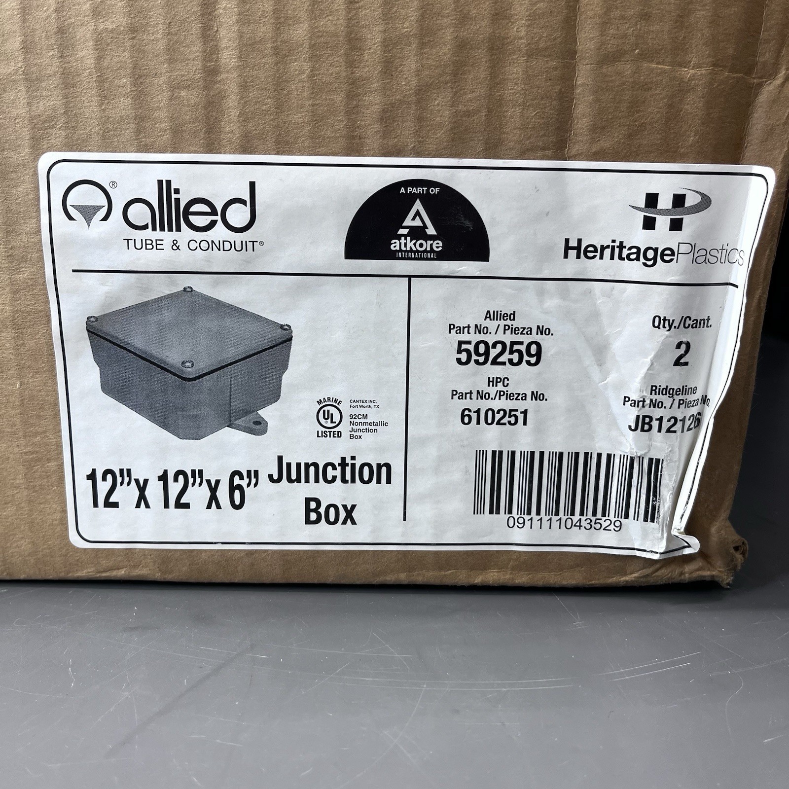 QTY 2 Cantex 5133713 Molded Junction Box 12 x 12 x 6 in, 810 cu-in Capacity READ