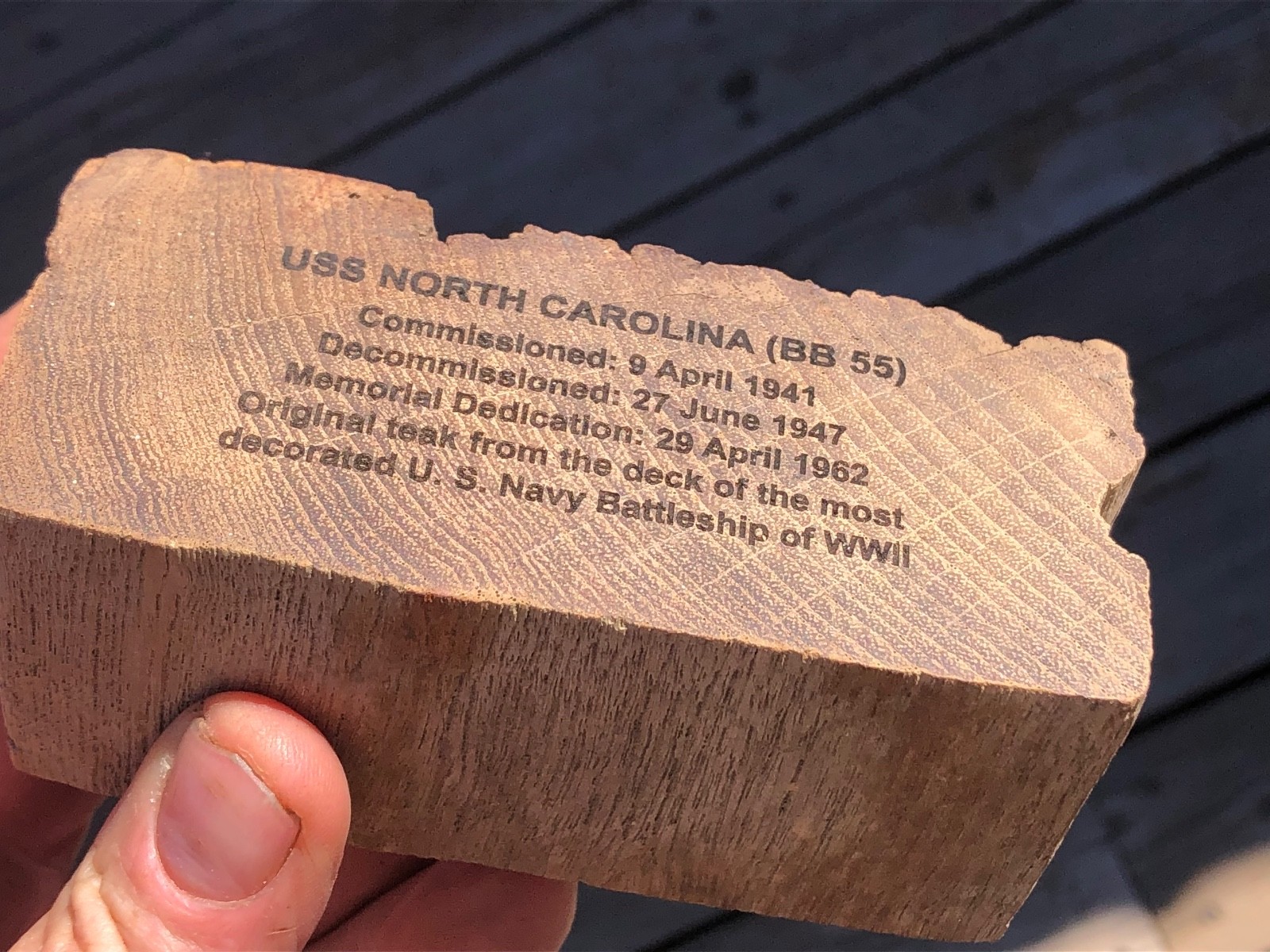 US NAVY ARTIFACT WWII TEAK RELIC FROM DECK OF WW2 BATTLESHIP USS NORTH CAROLINA
