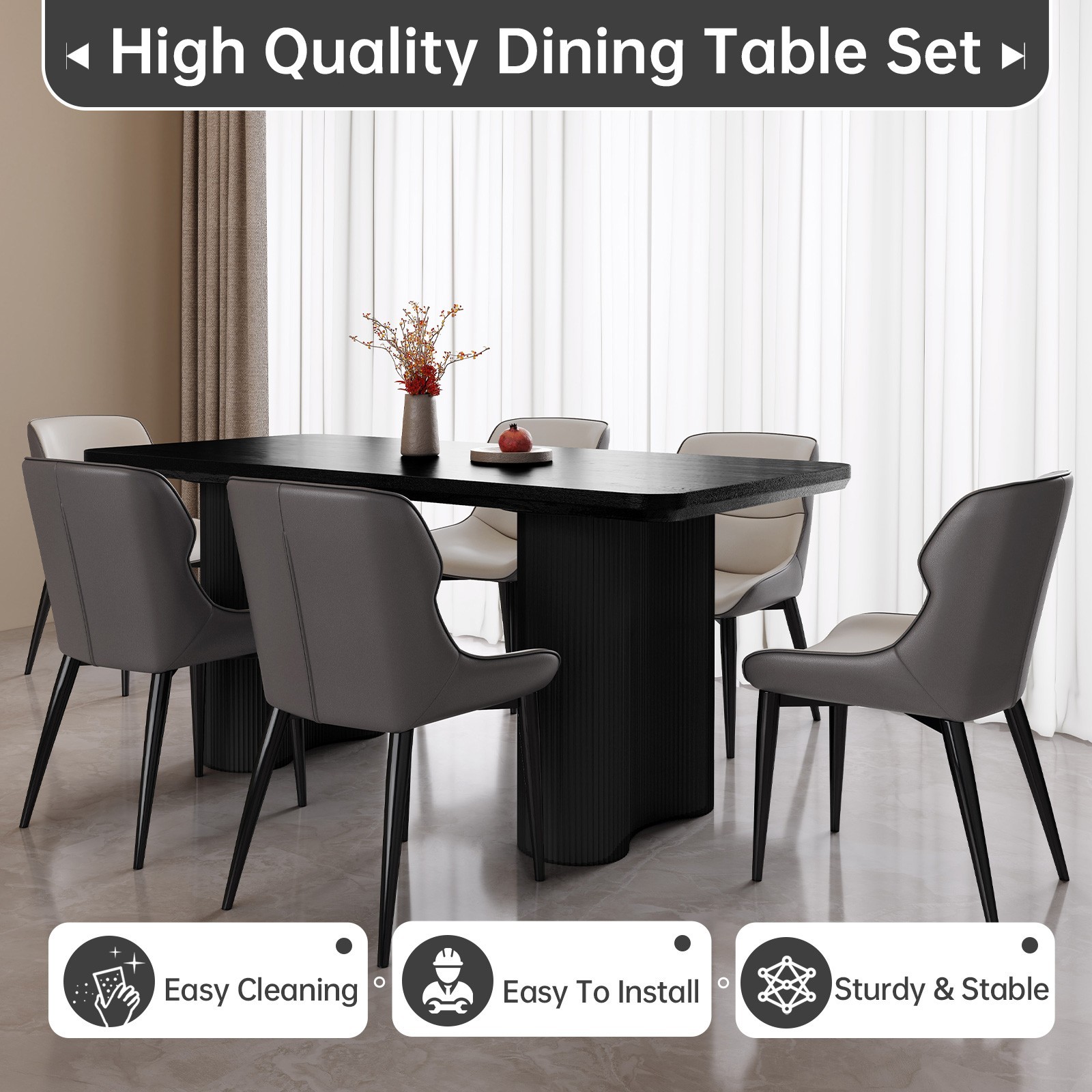 63" Black Dining Table for 4-6 Modern Kitchen Table RectangularDining Room Table