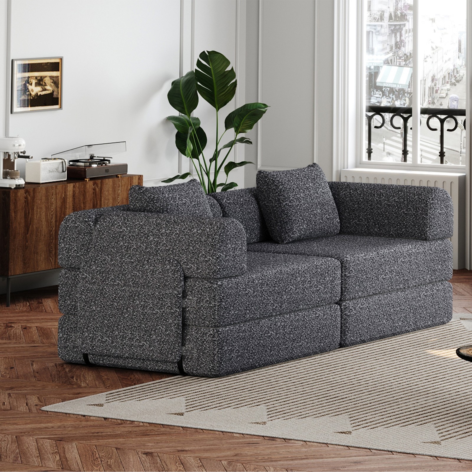 72in foldable Chenier sofa, equipped two side storage bags and two cushions Grey