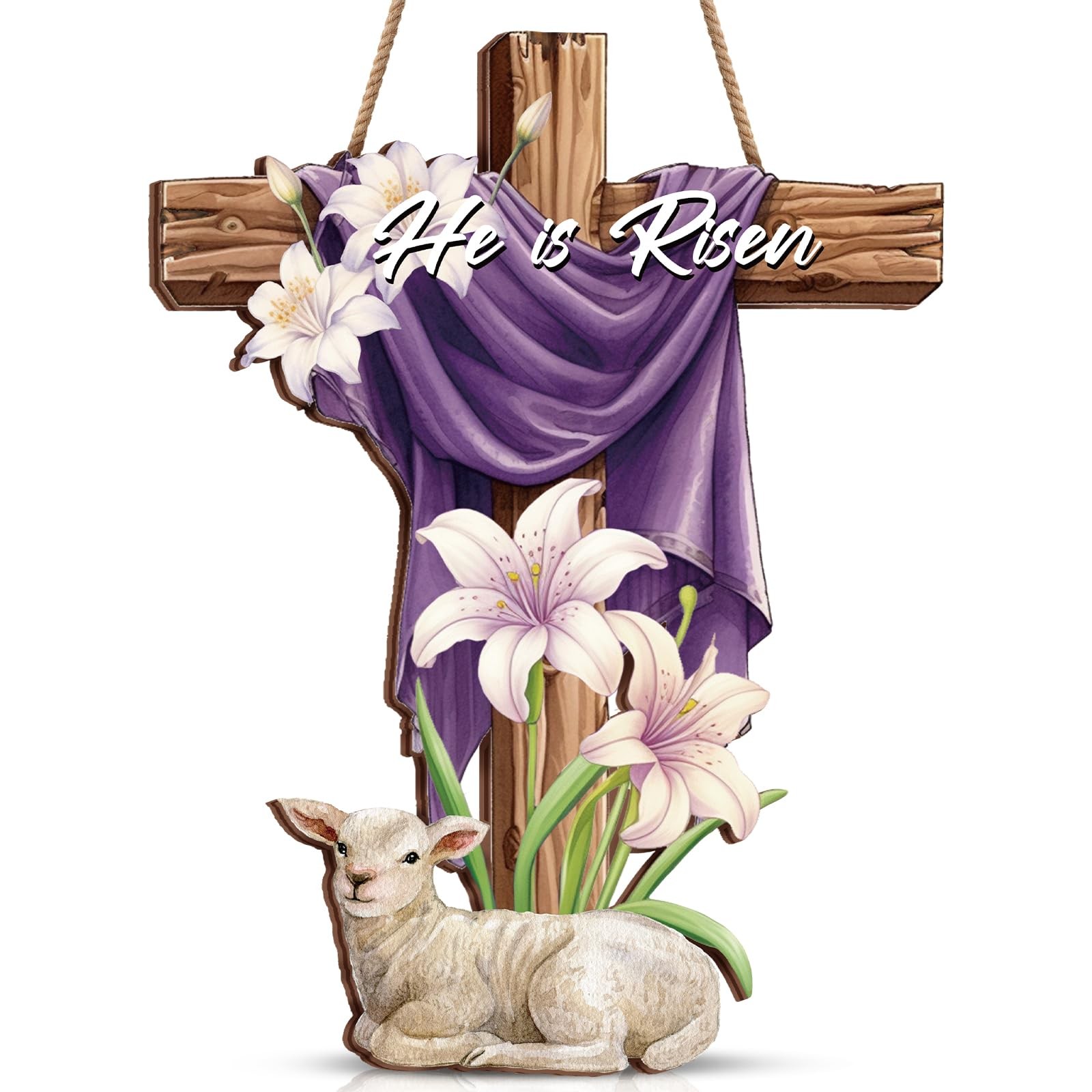 Menkxi Easter Door Sign He is Risen Hanging Decor Religious Cross Sign Easter Wr