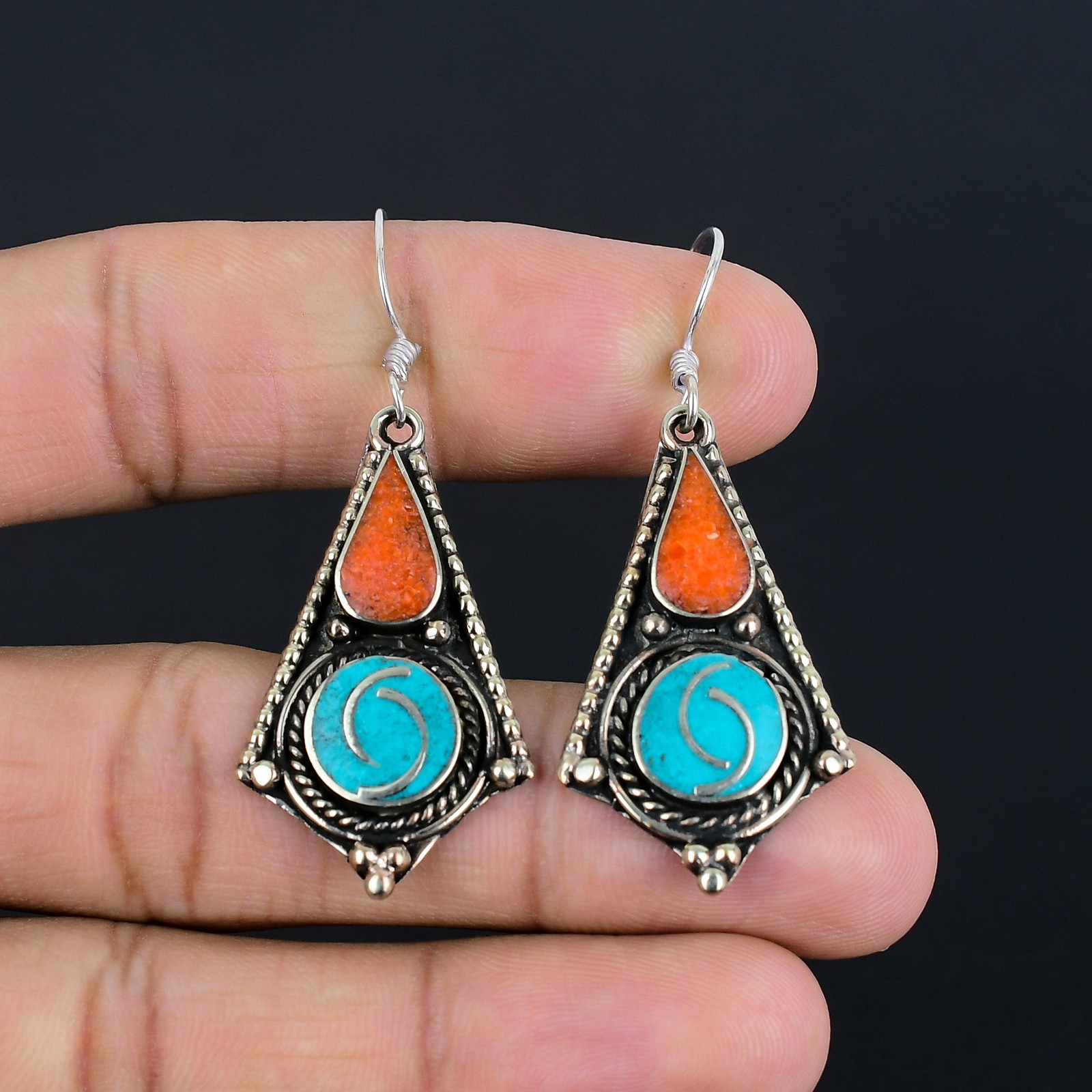 Turquoise Coral Handmade 925 Sterling Silver Ethnic Tibetan Earring 2.2" PG 5146
