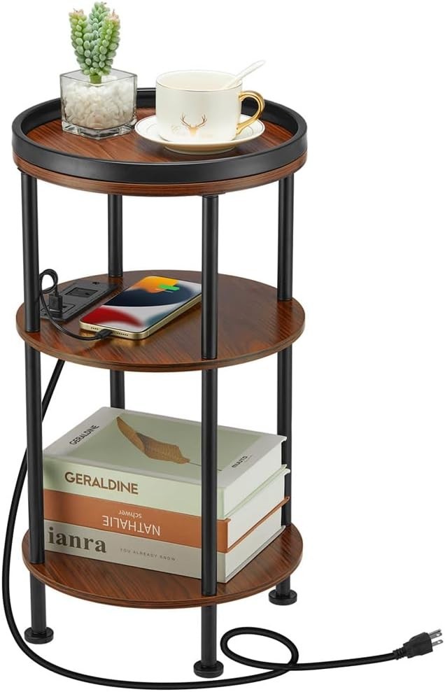 Round Small Side Table W/ Charging Station Small Spaces 3-Tier Accent Table US