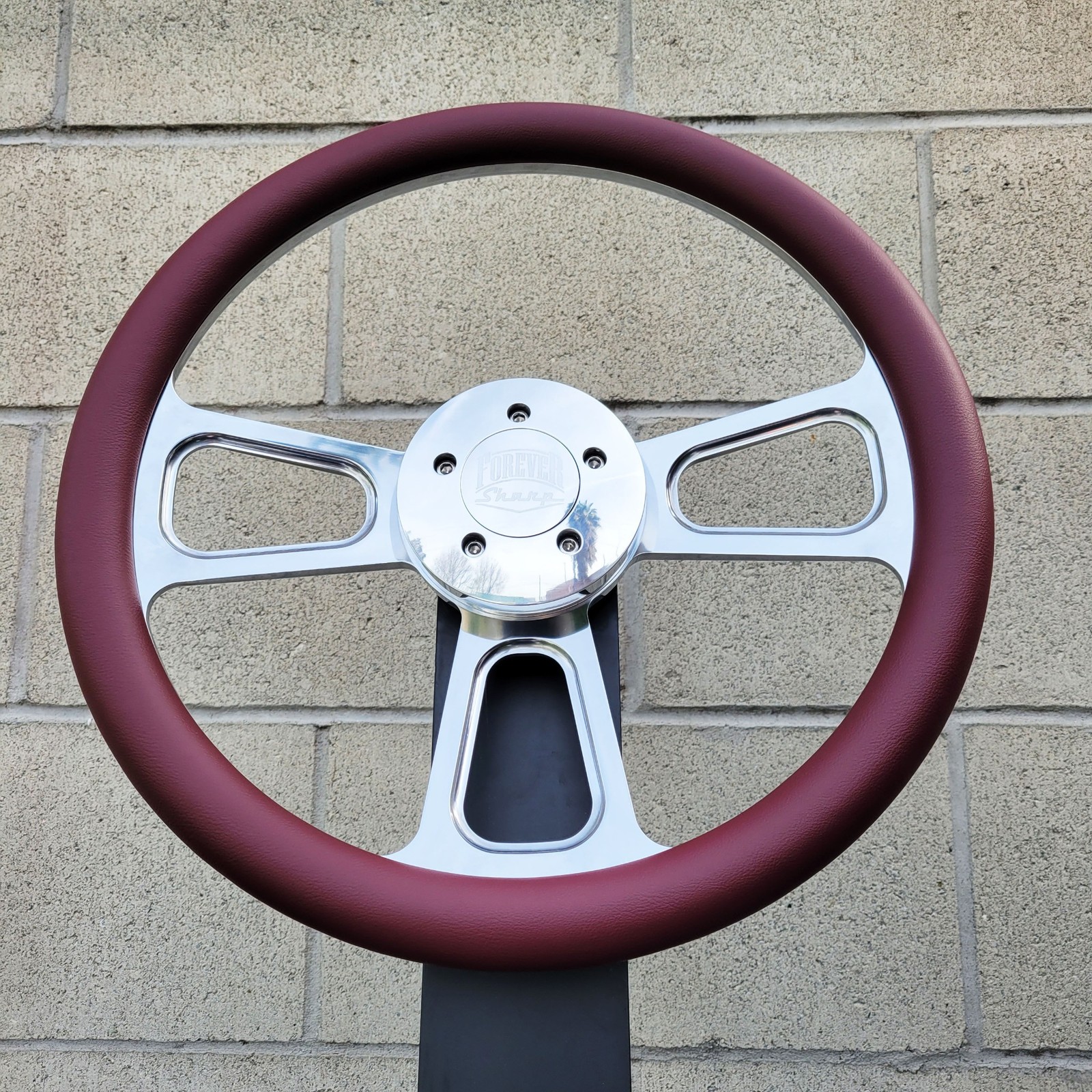 16 Inch Chrome Semi Truck Steering Wheel with Burgundy Vinyl Grip - 5 Hole