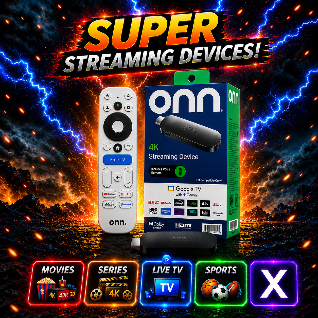 SUPER Streaming Device 4K Onn Google Black Media Player