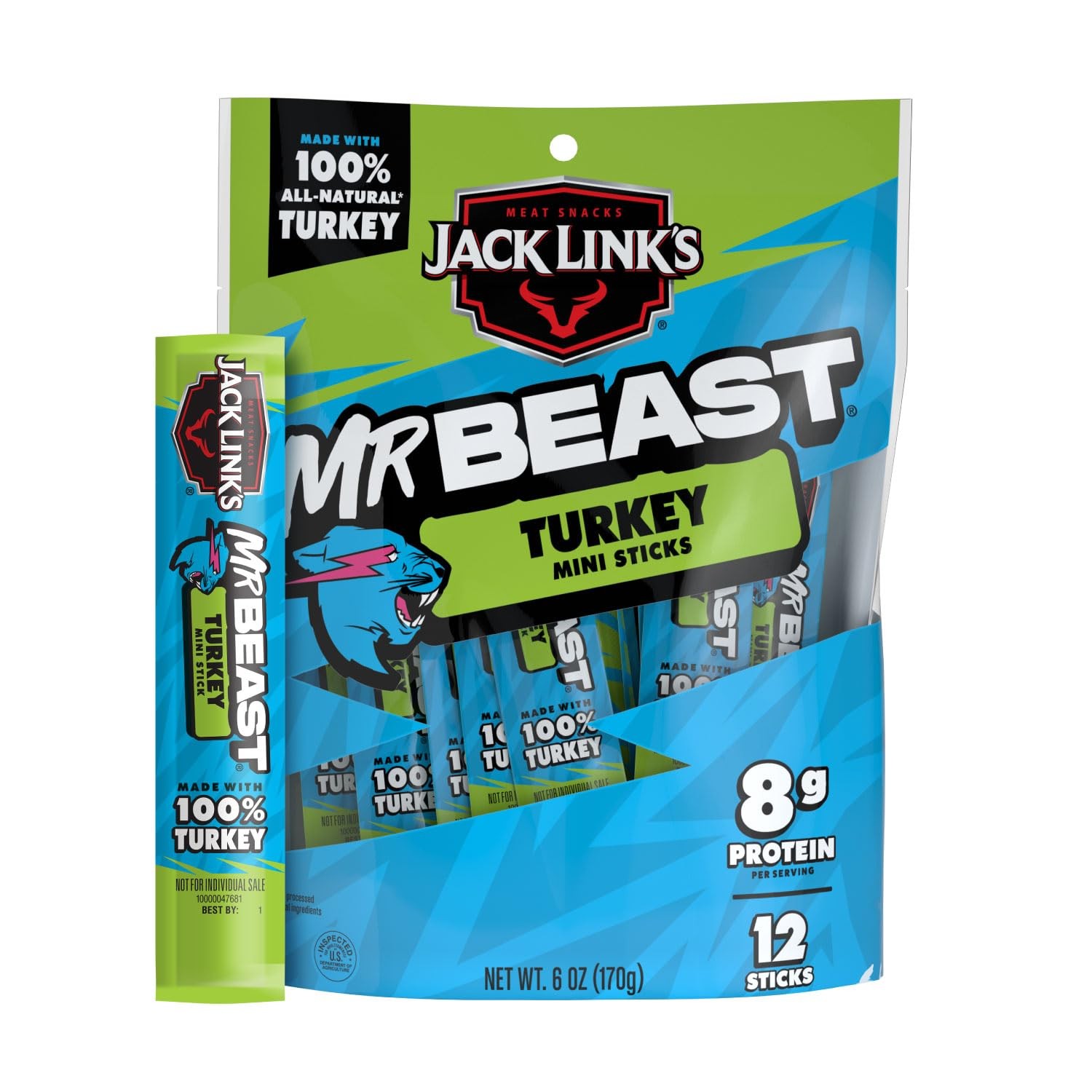 Jack Link’s x MrBeast Turkey Mini Sticks, As Seen on Beast Games, 8g Protein,...