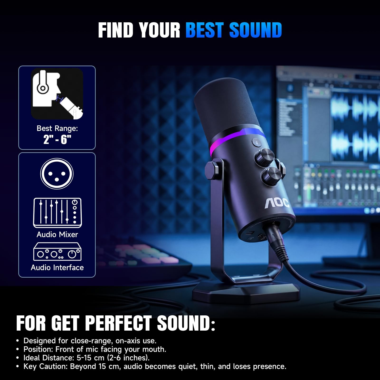 AOC Dynamic Microphone,PC Gaming Mic with RGB Light,USB/XLR Podcast Black