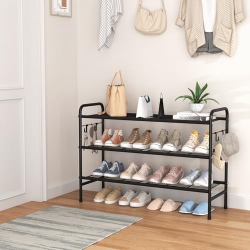 3 Tier Shoe Rack 33" Wide Metal Shoe Organizer Long Shoe Storage with 4 Black