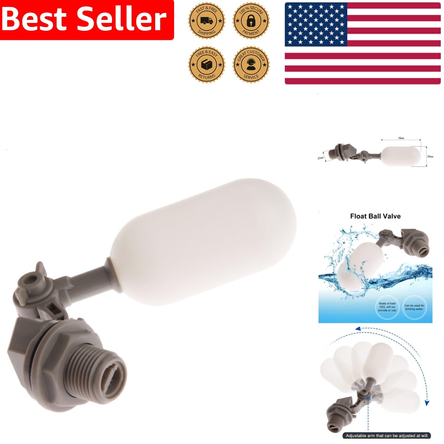 1/2 Inch Float Ball Valve for Automatic Filling - Durable ABS Water Management