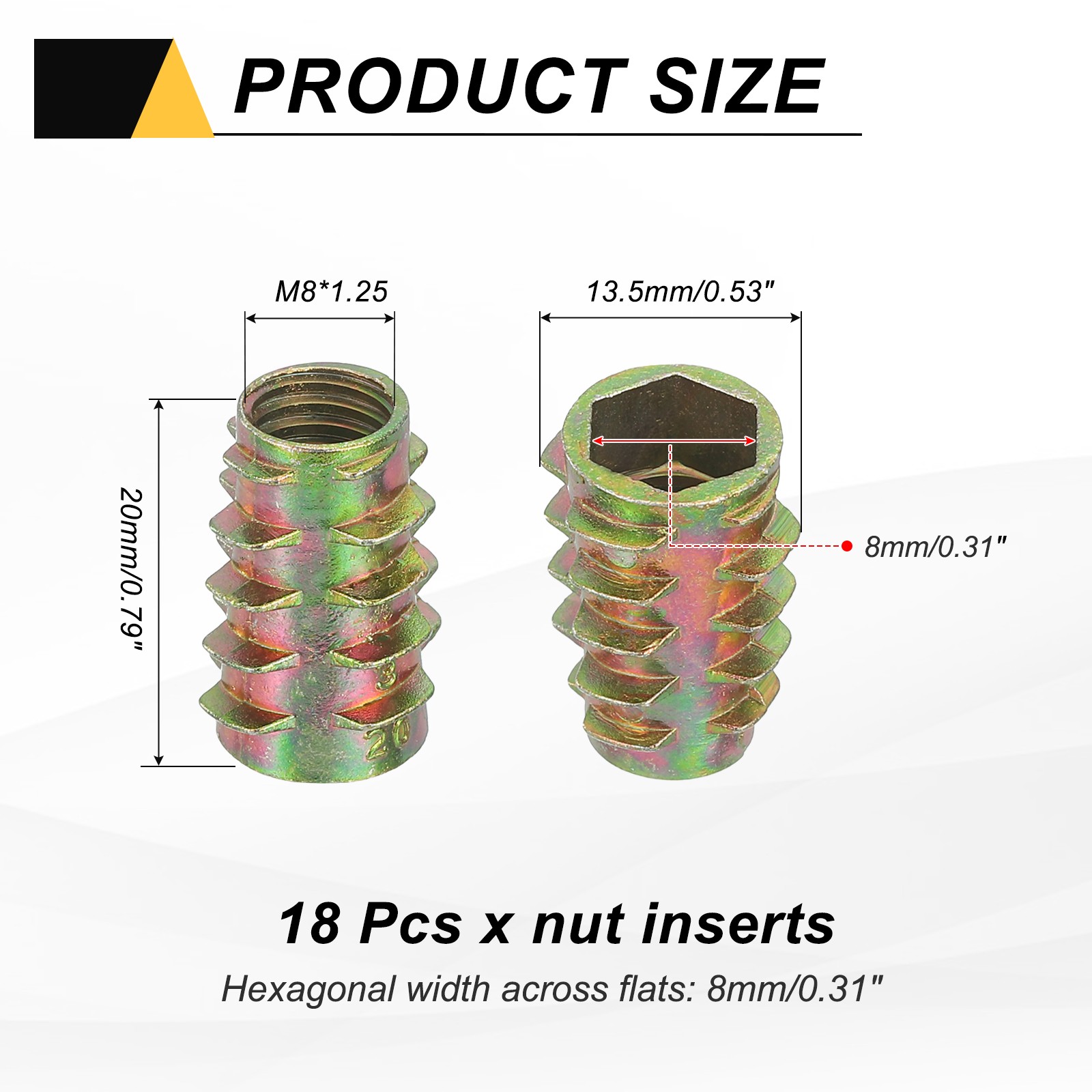 18Pcs Threaded Inserts for Wood, Zinc Alloy M8 Hex-Flush Thread Inserts 20mm