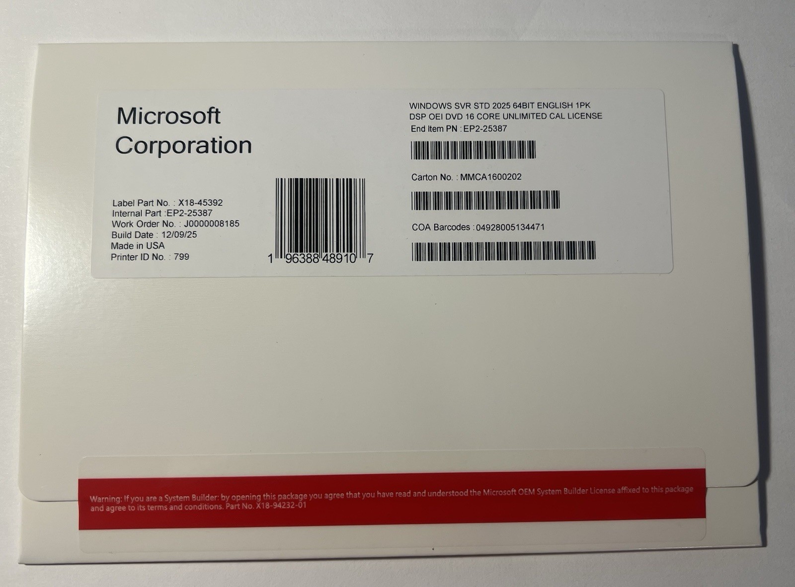 Microsoft Windows Server 2025 Standard - 16 Core Unlimited CAL License (NEW)