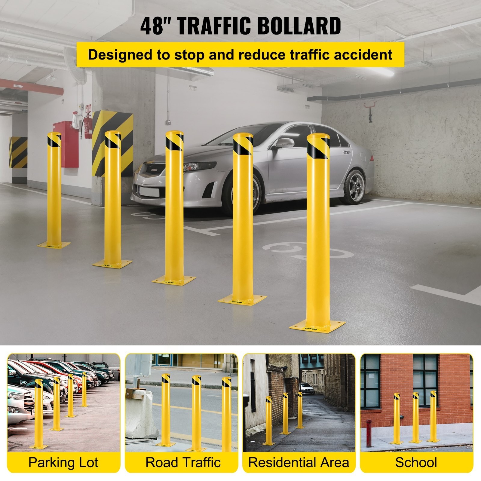Yellow Safety Bollard Barrier 4 Anchor Bolts for Traffic Sensitive Areas