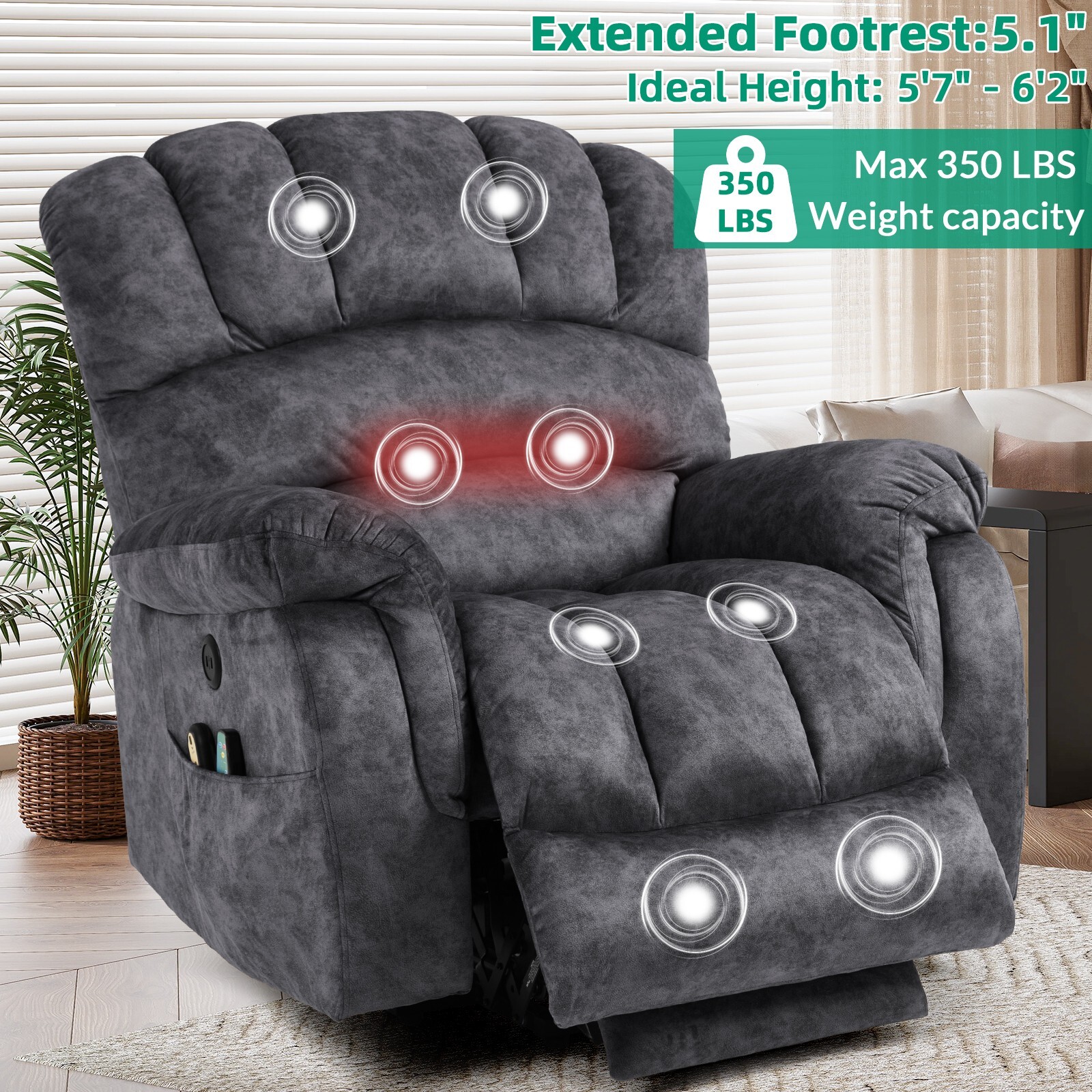 Large Power Lift Recliner Chair w/ Heat Massage & Extended Footrest for Tall Man