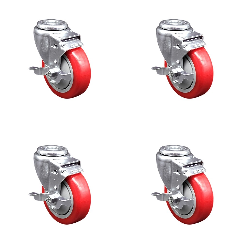 4 Inch SS Red Polyurethane Wheel Swivel Bolt Hole Caster Set with Brake SCC