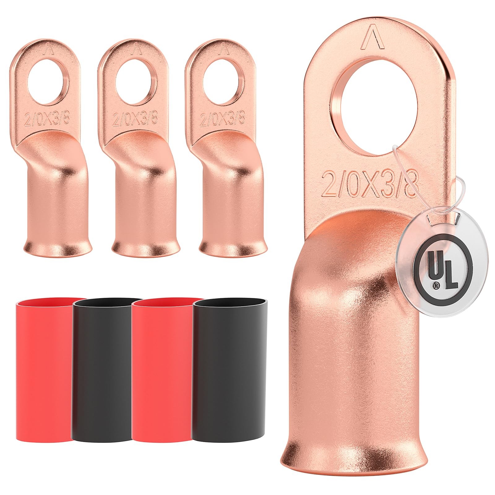 AIRIC UL Listed 2/0 AWG - 3/8 Battery Cable Lugs, Heat Shrink Ring Terminals ...