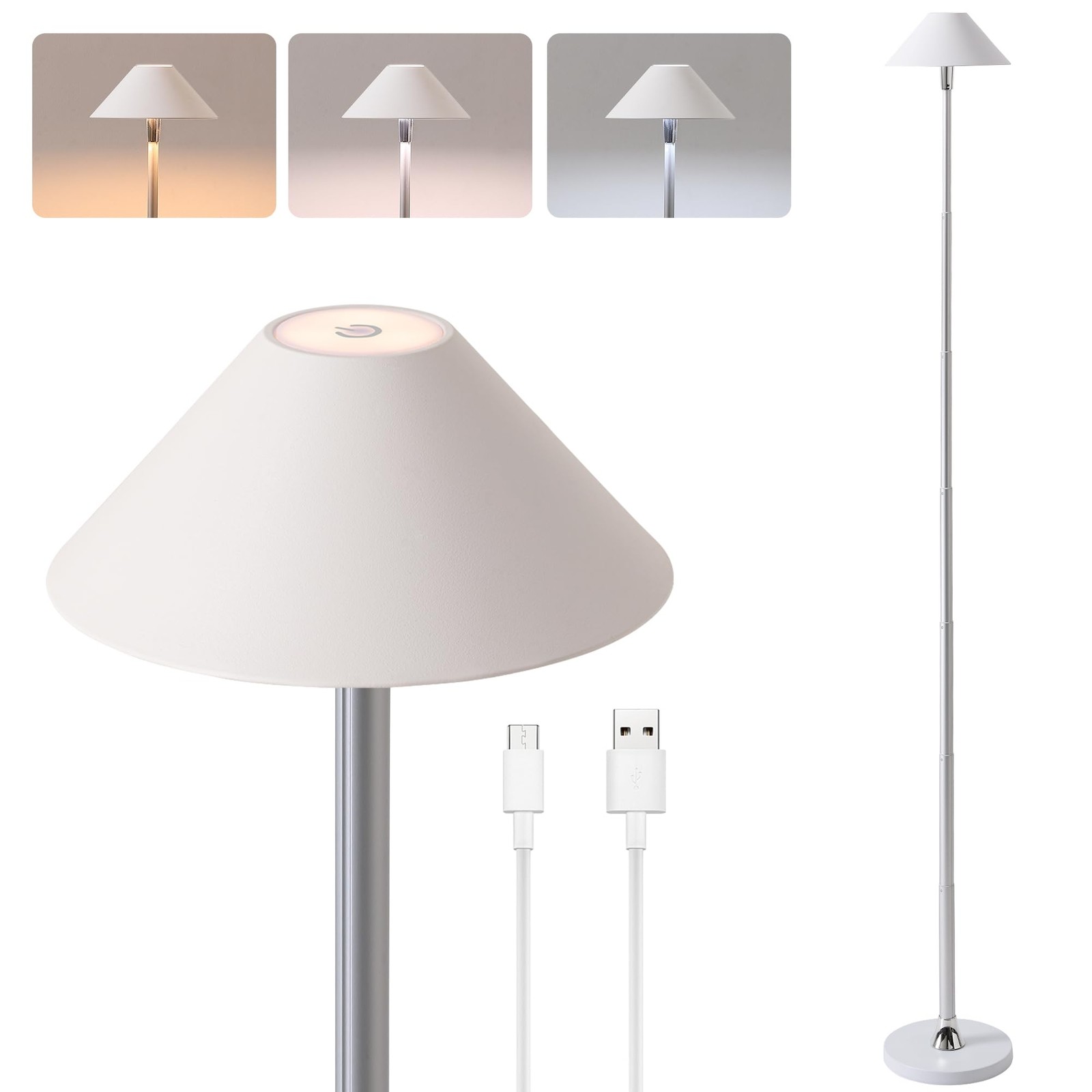 Cordless Rechargeable Floor Lamp, Dimmable, IP43 Waterproof, 16-56 Inch, White