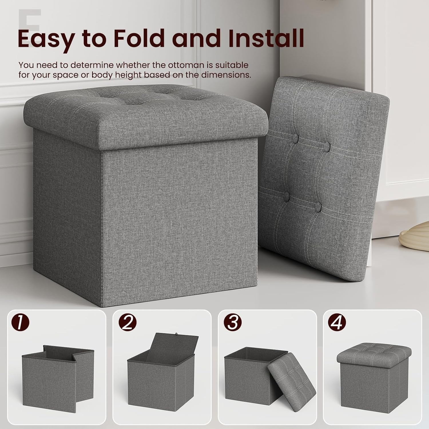 15 inches Storage Ottoman Cube, Foldable Storage Boxes, Padded Seat for Dorm ...