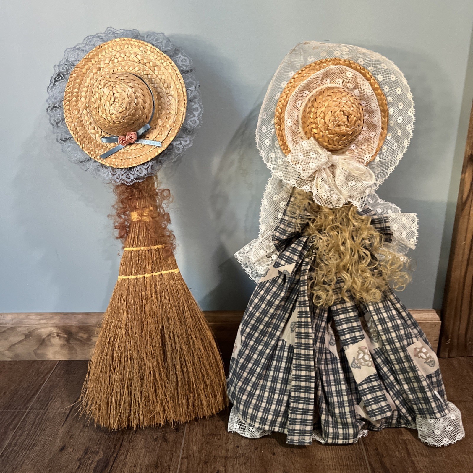 Lot Of 2 Vintage Handmade Crafted Straw Broom Lady Farmhouse Decor