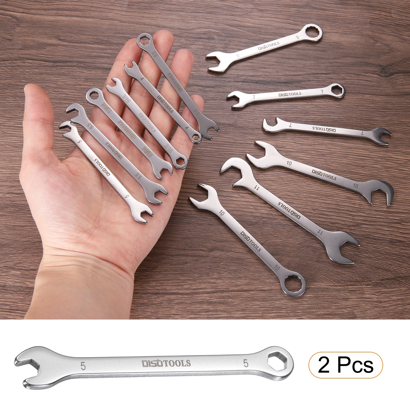 2pcs Thin Combination Wrench 5mm with 6-Point Ended and 15°Angled Open End
