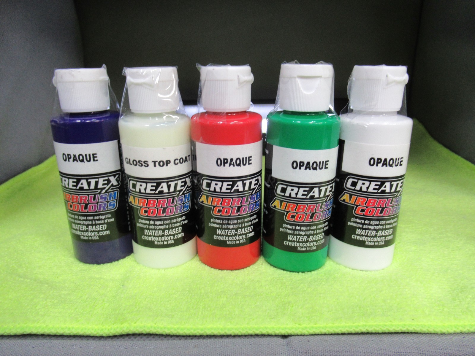 CREATEX AIRBRUSH PAINT 4 COLORS & GLOSS TOP COAT 2OZ BOTTLES