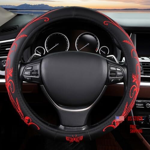 Red Embroidery Butterfly Car Steering Wheel Cover,14.5-15 Inch Embroidery Red