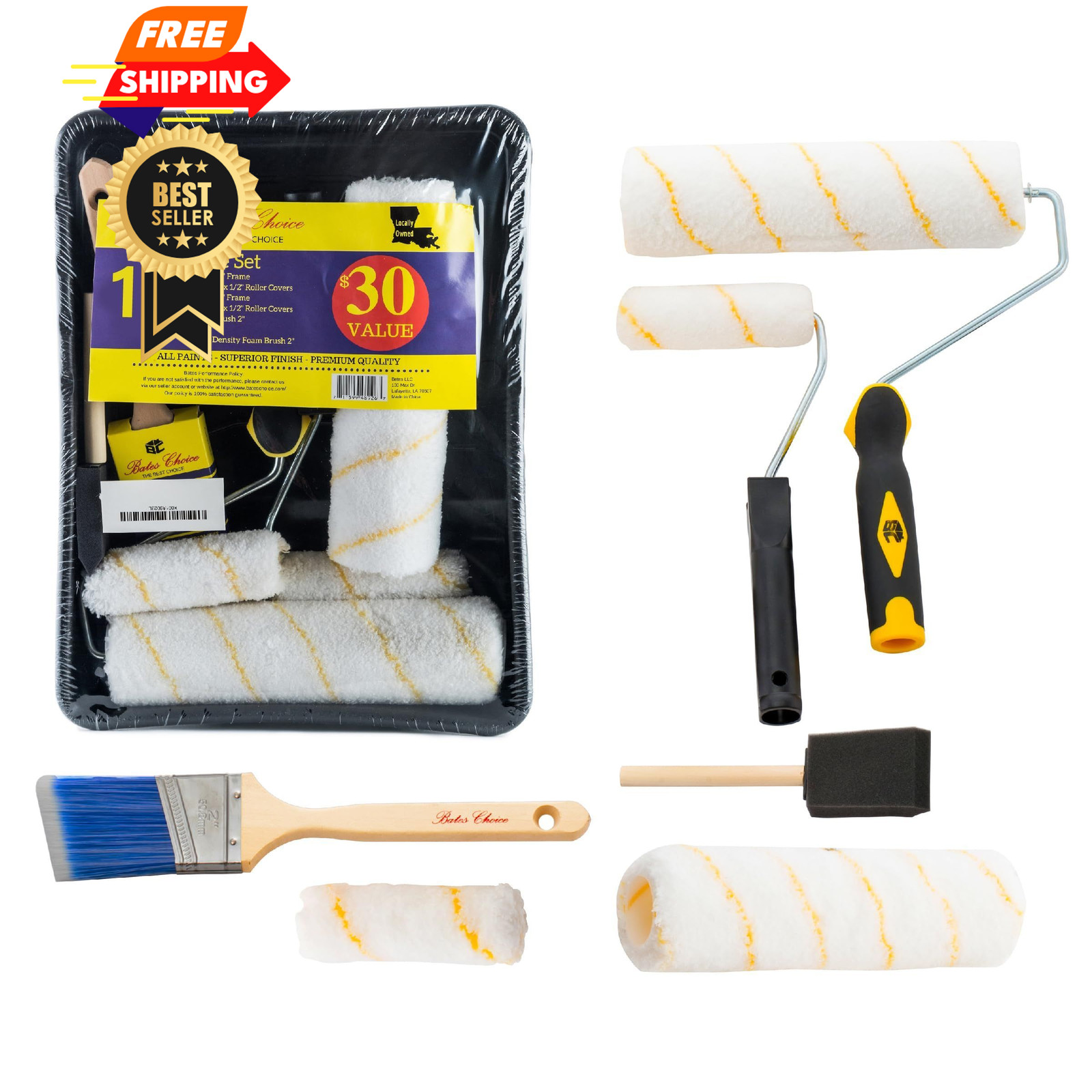 Bates - Paint Tray Set, Rollers, 9 Inch, Black/Yellow Handle