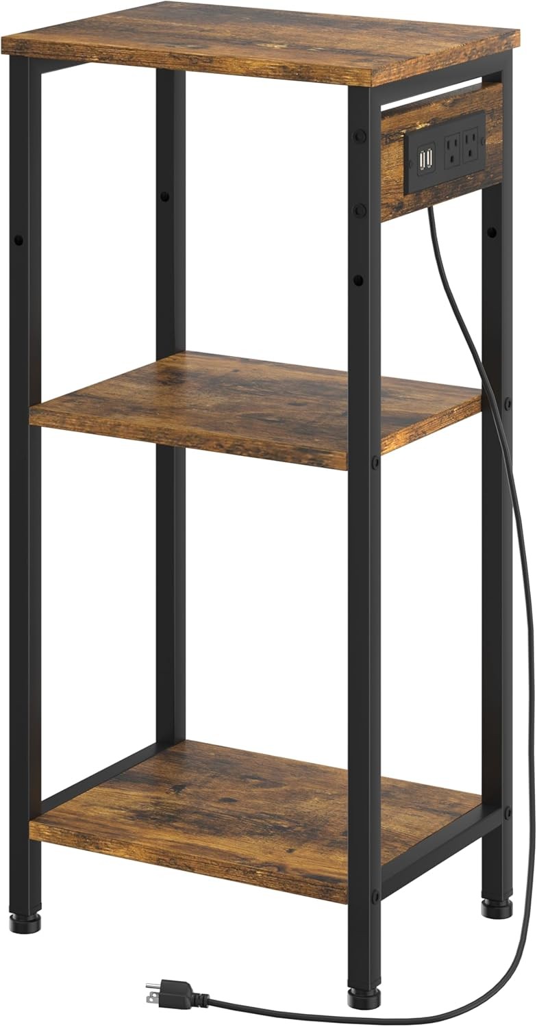 Tall End Table W/ Charging Station 3 Tier Narrow Tall Nightstand W/ Storage Slim