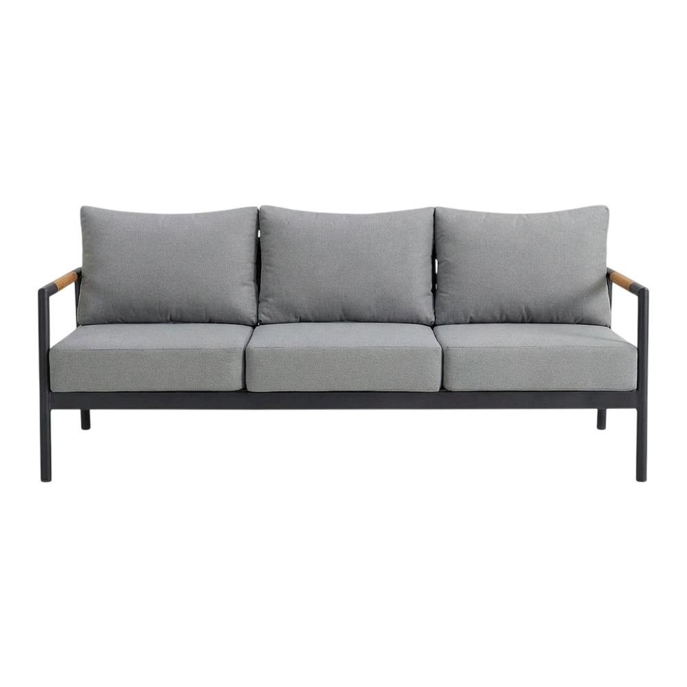 Outdoor Sofa In Black, Dark Gray, Aluminum Frame, Teak Accents, Patio Lounging