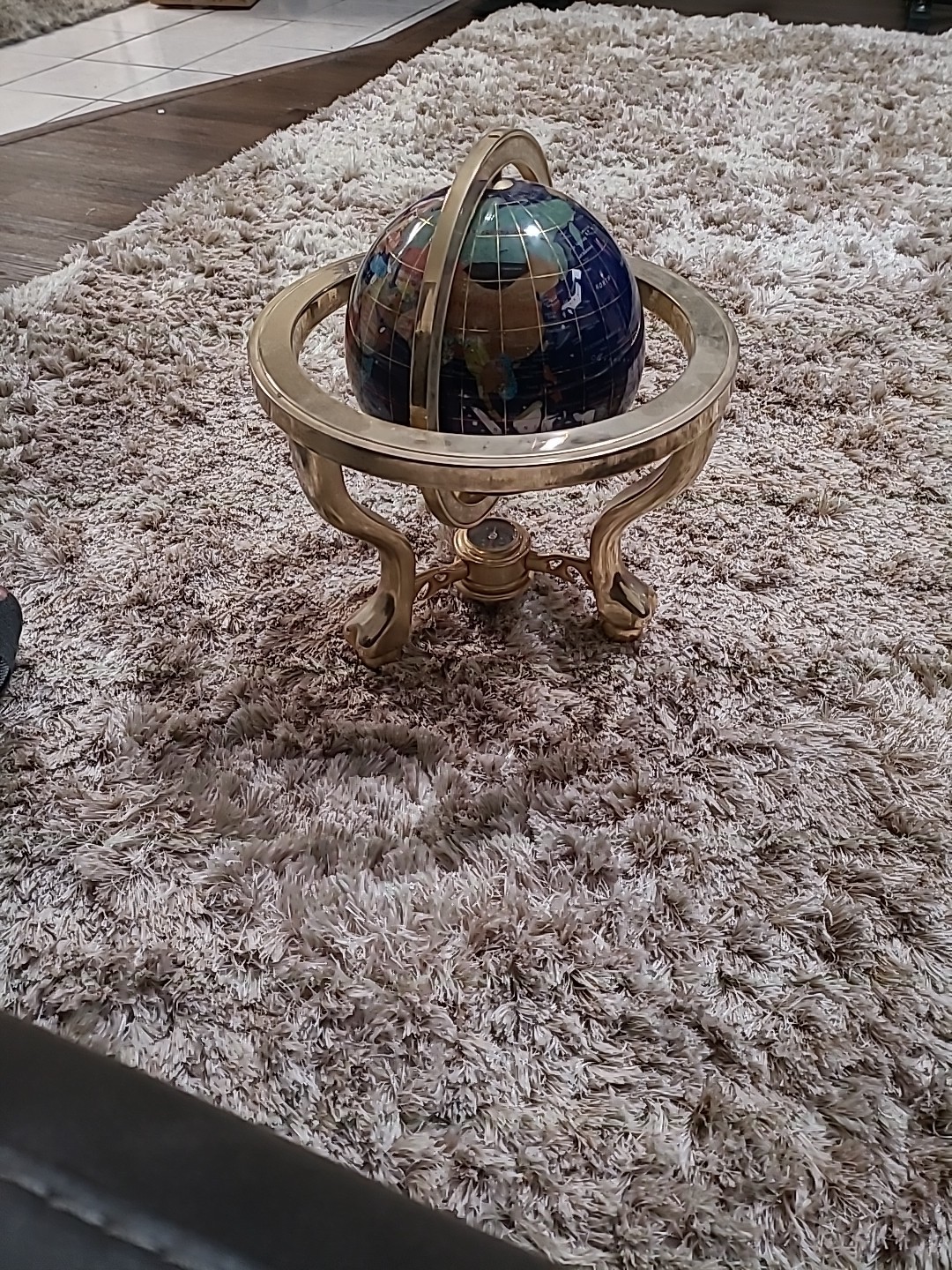 Globe Lapis Lazuli With Gemstones, Compass And Gold Plated Brass Stand
