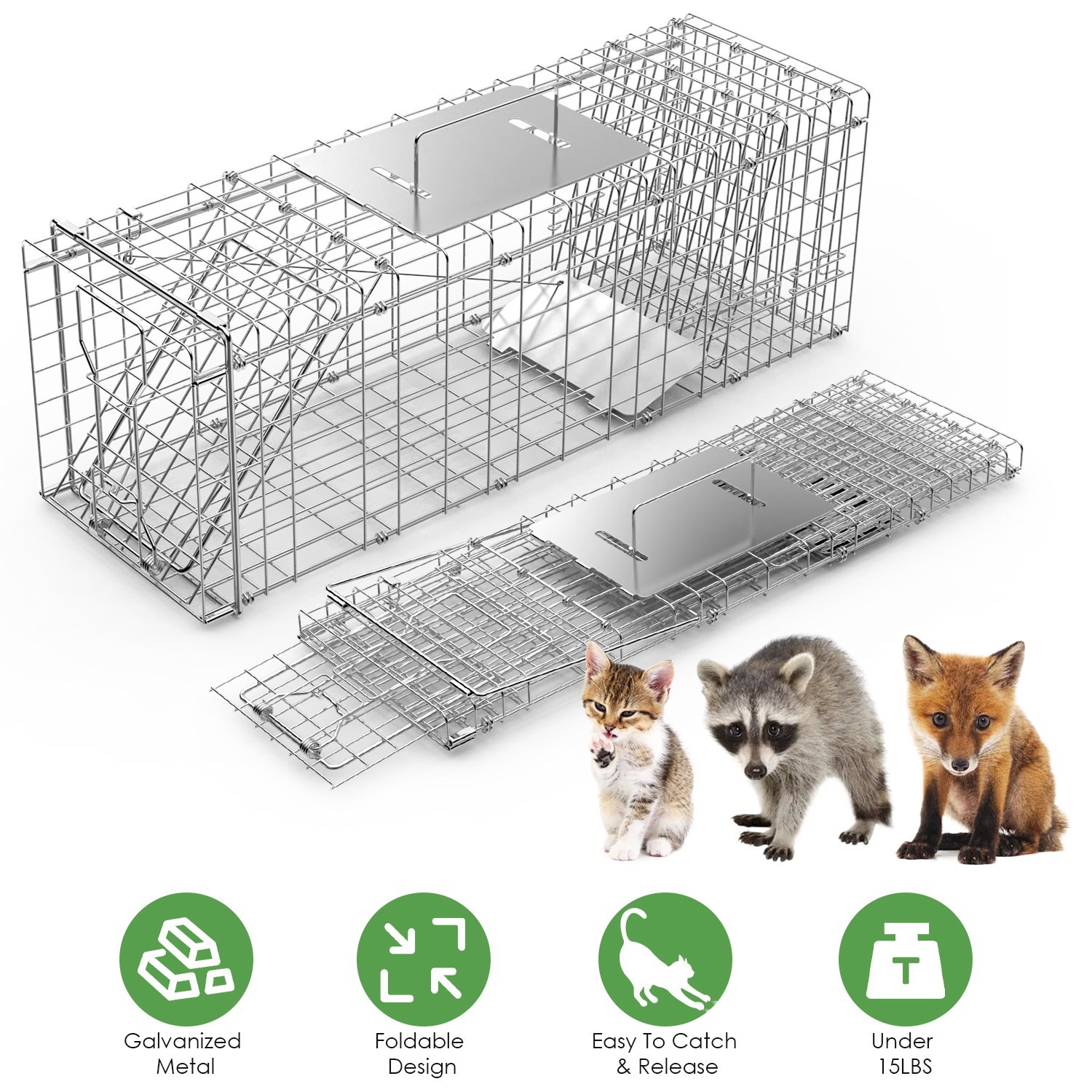 Heavy Duty Folding Live Animal Trap Cage With Waterproof Cover For Stray Raccoon